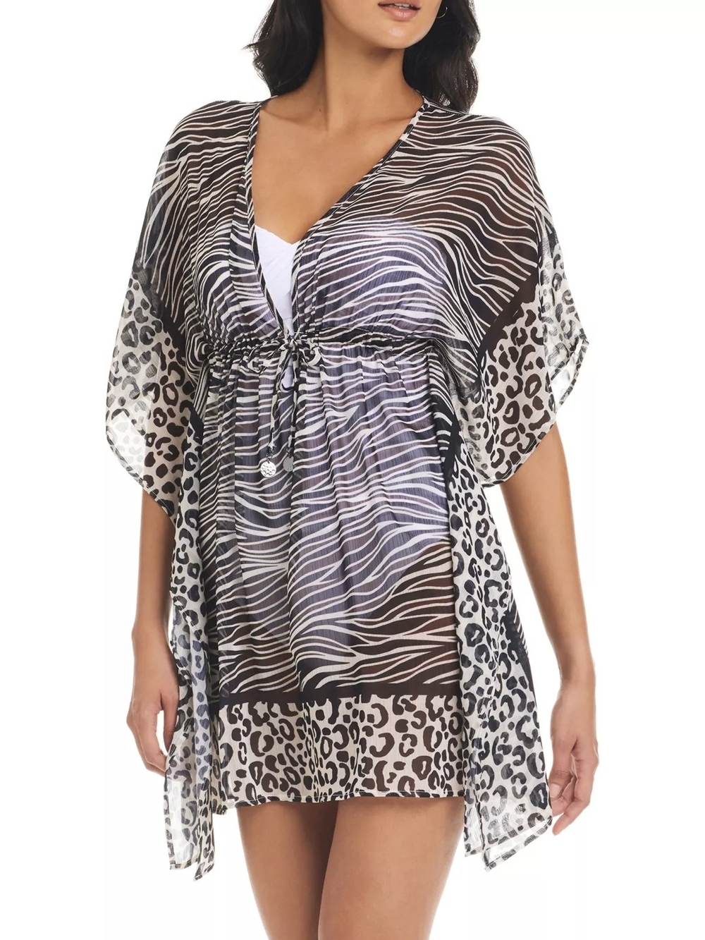 Bleu Rod Beattie Black and White Animal Print Sheer Swim Cover-Up Tunic